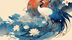 中国风蓝色丹顶鹤与荷花艺术插画壁纸高清模板免费下载-趣麦麦图