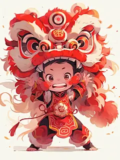 舞狮少年水彩插画喜庆海报