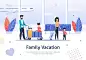 Family Going on Vacation in Airport Terminal.Family Going on Vacation Banner. Passengers Travelling by Plane with Luggage. Father Mother, Son and Daughter in Airport Terminal. Girl Character Sitting on Baggage. Mom Going with Boy.