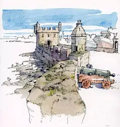 一组简单清新的钢笔淡彩风景画