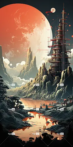 Ai产生的 城市 未来派 科幻 幻想 太阳 景观 水 日落