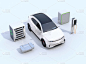 电动汽车、充电站、ev 电池和废旧电动车电池电源系统在白色背景下。3d 渲染图像.