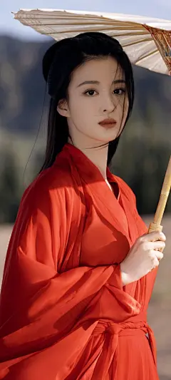 大漠 红衣 伞 古风美女王楚然全屏手机壁纸