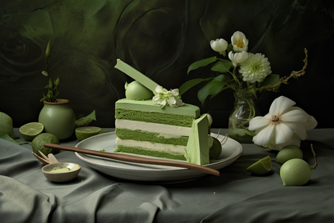 清新自制的抹茶蛋糕甜品美食摄影图