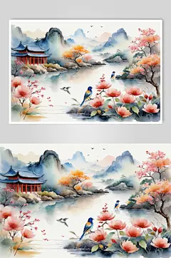AI数字艺术水墨画山水画丹青美术插画