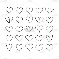 黑色墨水可爱的线条和孤立的不同美丽的心形图标设置在白色的背景