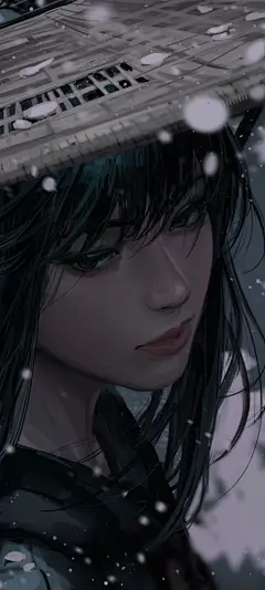 武士美女 斗笠 雪 动漫全屏手机壁纸