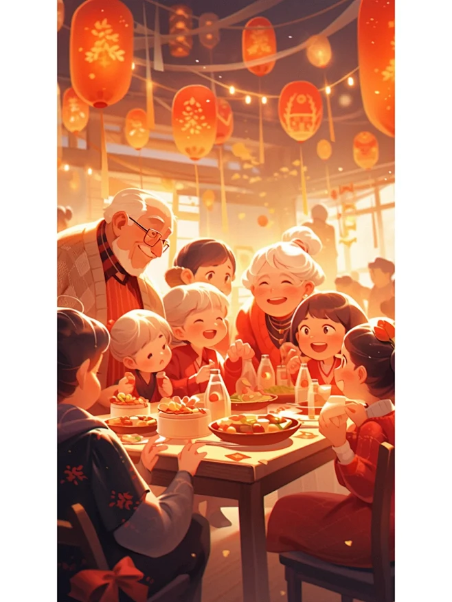 除夕夜，全家欢乐庆团圆，一起吃年夜饭喽