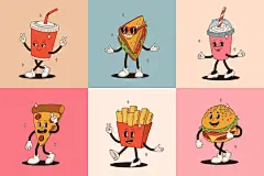 图源免费EPS |一组快餐复古时髦卡通人物。汉堡、披萨、热狗、冰淇淋、炸薯条、咖啡外卖、甜甜圈和苏打水带着幸福微笑的复古吉祥物。时髦的街头食品插图