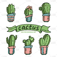 矢量集彩色可爱盛开的陶瓷花盆仙人掌。平面卡通涂鸦风格与轮廓笔触。矢量插图的仙人掌设计卡，印刷，图标。