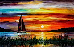 佛罗里达州列昂尼德 afremov、 日落、 海上、 船、 绘画 壁纸