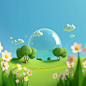 Rounded shape, blue sky, grass, trees, flowers, C4D, renderingRounded shape, blue sky, grass, trees, flowers, C4D, rendering