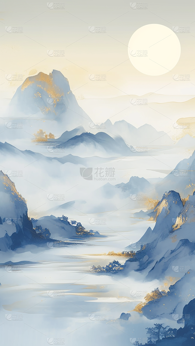 中国风系列青蓝色鎏金水墨山水背景通用背景...