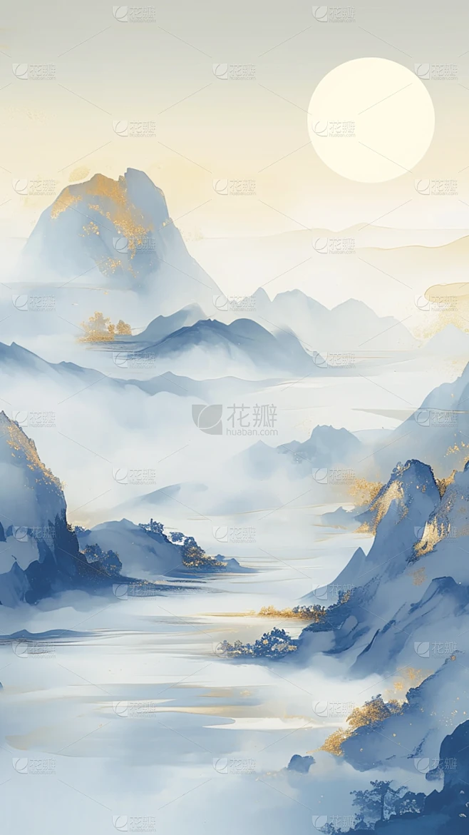 中国风系列青蓝色鎏金水墨山水背景通用背景素材素材-花瓣网