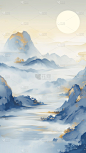 中国风系列青蓝色鎏金水墨山水背景通用背景素材