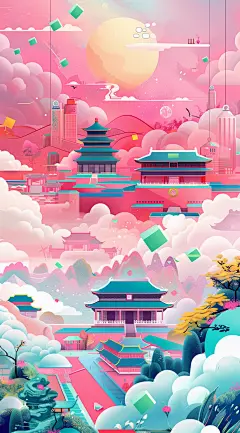 梦幻古城粉色蓝色系列海报