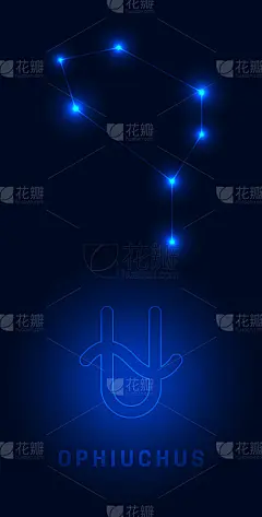 星座蛇夫座。明亮的星星与名字和标志在蓝色背景的夜晚照明。星图向量。