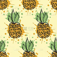 无缝的矢量模式。手绘水果插图的彩色菠萝与飞溅和下降，在黄色的背景。线条绘制，水果矢量无缝图案系列。