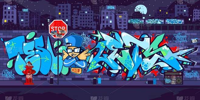 黑暗的户外城市涂鸦墙，在夜晚的图画背景下...
