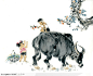 中国国画之人物-坐在牛背上递苹果的牧童
