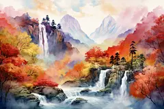 秋意浓山水红枫水墨风秋天秋季自然风景插画