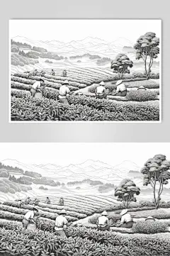 AI数字艺术复古铜版画茶园茶叶插画