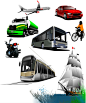8种交通工具设计矢量素材，素材格式：AI，素材关键词：飞机,轿车,自行车,轮船,交通工具,运输车,摩托车,巴士,有轨电车,交通运输