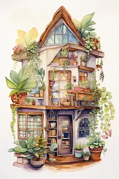 房子绿植房屋水彩画铅笔插画