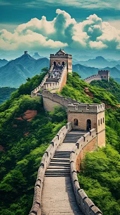 长城建筑海边日出日落中国风山水建筑草地