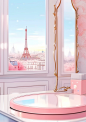 a pink mirror sitting next to a vanity with a window and a white tile, in the style of romanticized cityscapes, playful animation, konica big mini, captivating, fairytale-inspired, 8k resolution, paris school