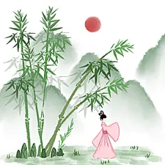 免抠手绘卡通竹子小女孩元素