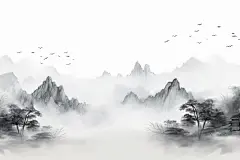 风景水墨画山峦云雾画作水墨插画图片