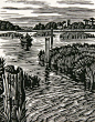 Howard Phipps - The River Alde at Iken. (wood engraving): 