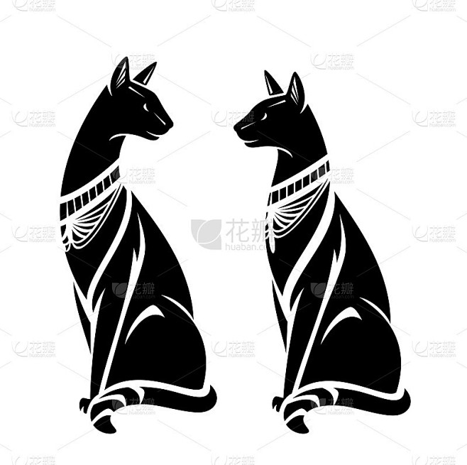 坐猫与古埃及风格装饰黑色矢量轮廓