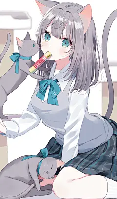 动漫1176x2000动漫动漫女孩数字艺术作品2D肖像显示垂直灰色头发水色眼睛猫女孩学校制服猫