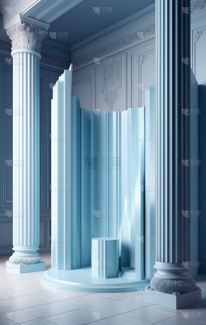 空房间3d渲染图，浅靛蓝色，古典圆柱