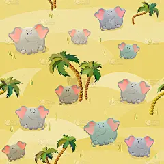 矢量无缝模式与大象和棕榈树。可爱的胖卡通人物。服装和室内趣味设计的概念。简单的漫画动物人物。