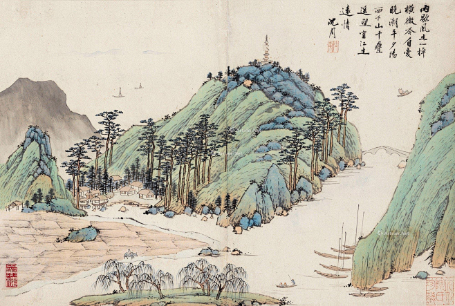 沈周——《江邨晚眺》【雨歇风生一棹横，微吟自爱晚潮平。夕阳西下山千叠，遥望空江生远情】人物山水 横幅欣赏 | 明|沈周(1427～1509)字 ...