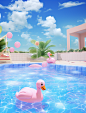 swimming pool for kids free screenshots, in the style of realistic and hyper-detailed renderings, sky-blue and pink, life-like avian illustrations, meticulous still lifes, duckcore, atmosphere of dreamlike quality, large scale