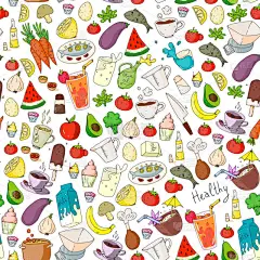 模式与健康的食物。烹饪课, 餐厅, 咖啡厅的菜单元素。牛奶, 冰淇淋, 鱼, 果汁, 鳄梨, 火鸡,