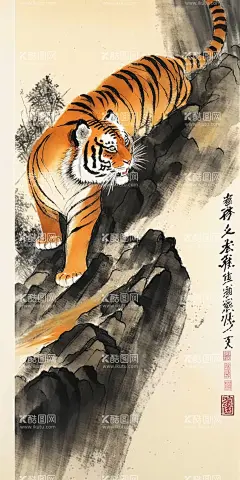 虎踞山崖  - 源文件下载【酷图网】水墨画,国画,中国画,老虎,山崖,山涧,高清,壁纸,