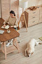 Woman Working at Cozy Home Office with Dog High Angle