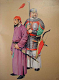 隋代（581年－618年）武士复原图。左为戎服，右为胄甲。 隋代使用最普遍的铠甲为两裆垲和明光垲
