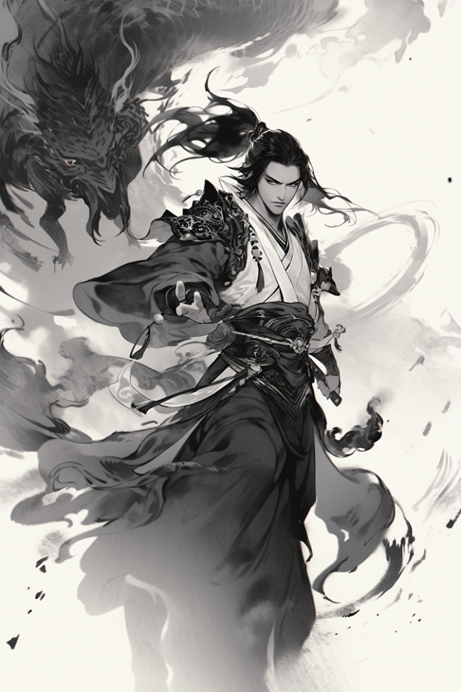 古风少年水墨武侠剑客和龙插画