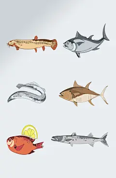 可爱手绘鱼海鲜插画素材