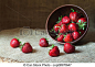 Strawberry natural healthy nutrition organic food in rustic clay dish on vintage kitchen background. Vegetarian, full of vitamin dessert.
