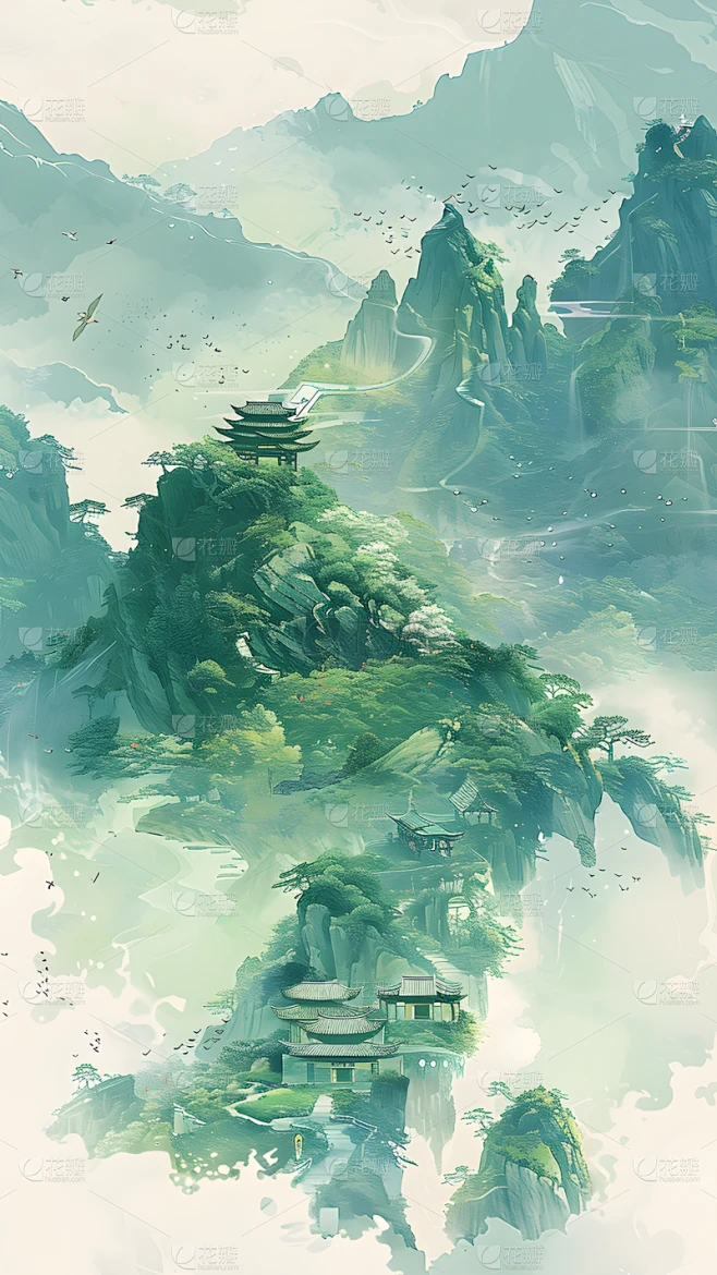中国风新中式水墨绿色云雾山水背景素材-花瓣网