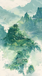 中国风新中式水墨绿色云雾山水背景