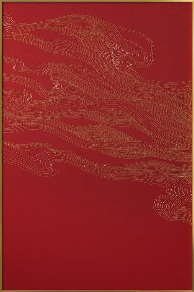 this-may-contain-a-red-and-gold-framed-artwork-with-wavy-lines-on-the