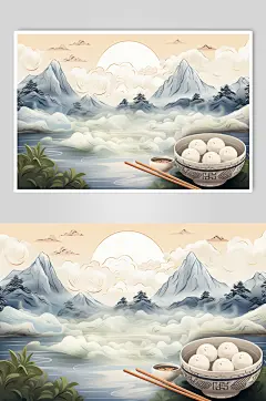AI数字艺术国潮元宵节汤圆山水插画